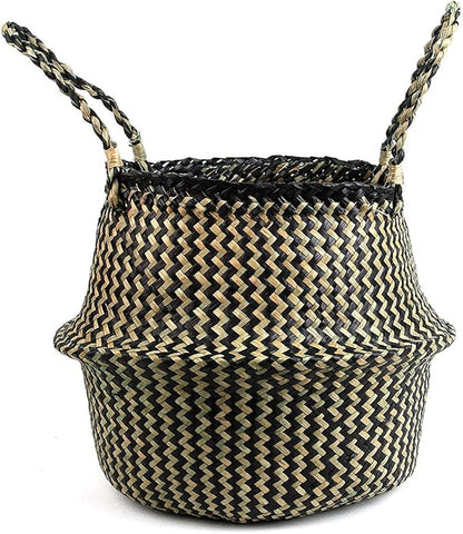 Woven Seagrass Belly Basket for Storage, Plants, Laundry, Picnic and Groceries (Medium, Black Strips)