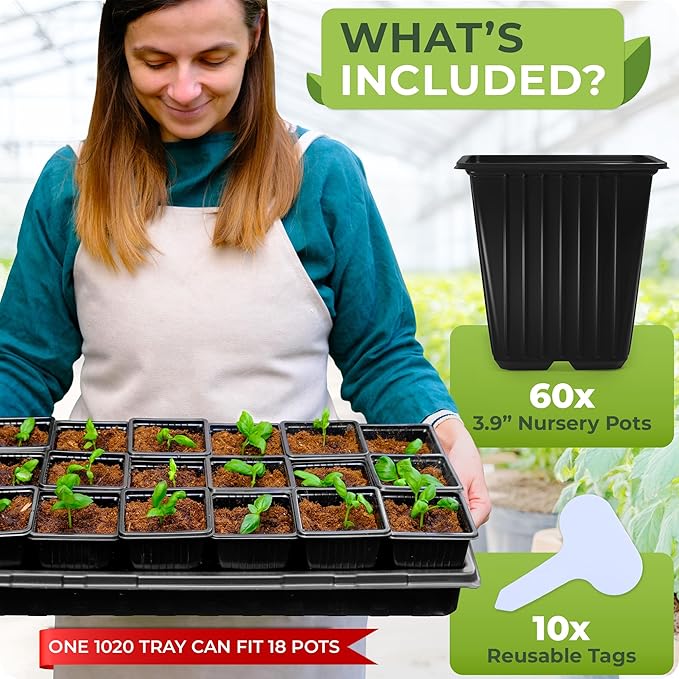 CARPATHEN 60Pack Square Nursery Pots - 3.5 Inch Seedling Plant Pot with Drainage Holes - Reusable Seed Starter Pots for Flowers, Vegetables, Greens - Includes 10 Plastic Reusable Tags
