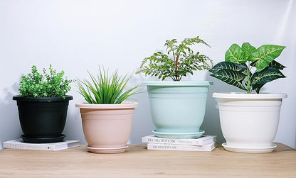 5 Packs 14 inch Flower Pots + Saucer, Planters for Indoor & Outdoor Plants with Drainage Holes | Plastic Flower Pots, Large Planter (White, 14 inch)
