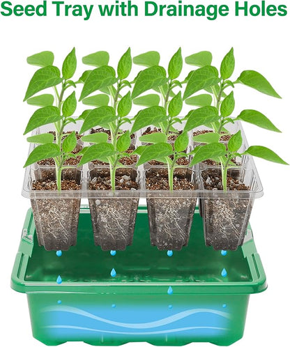 Bonviee 5 Packs Seed Starter Tray with Plant Light, Elevated Seedling Starter Trays Kits with Adjustable Humidity Domes and Clear Cell Tray, 12 Full Spectrum led lamp Beads for Plants Indoor-Green