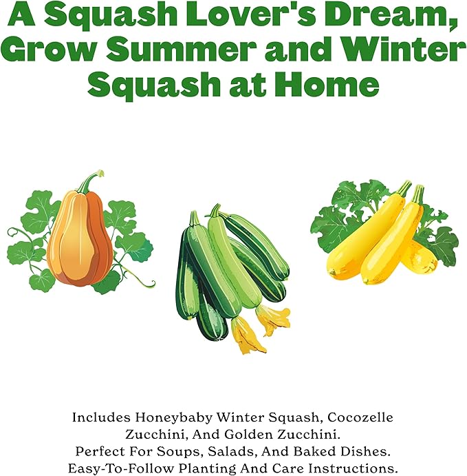 Epic Gardening Squash Seed Bundle - 3 Non-GMO Varieties, Includes Golden Zucchini, Cocozelle & Honeybaby, Perfect for Roasting, Soups, Baking & Versatile Cooking, Great for Backyard Gardens