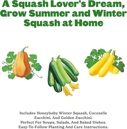 Epic Gardening Squash Seed Bundle - 3 Non-GMO Varieties, Includes Golden Zucchini, Cocozelle & Honeybaby, Perfect for Roasting, Soups, Baking & Versatile Cooking, Great for Backyard Gardens