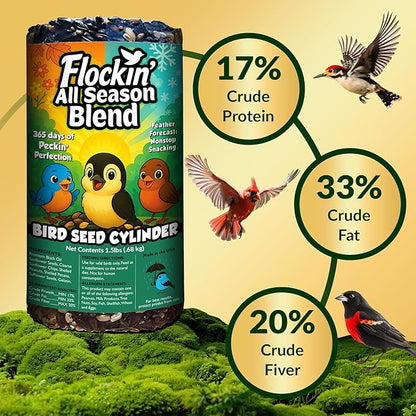 All Year Round Bird Seed Cylinders with Hole – All Season Wild Bird Food for Blue Jays, Cardinals, Doves, Finches & More – Balanced High Energy All Natural Blend, No Fillers – USA Made (6" x 7.75")
