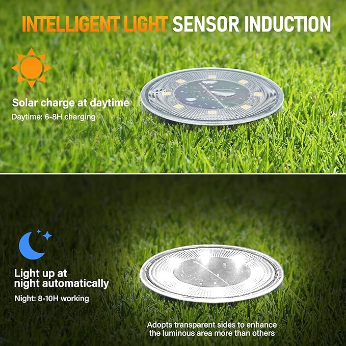 Siatom Solar Ground Lights 12 Pack, IP68 Waterproof Solar In-Ground Light for Outdoor, Flat Landscape Lighting, Garden Disc Light for Pathway, Walkway, and Yard - 12 Pcs (Cool White)