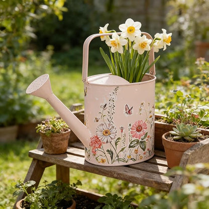 Vintage Floral Metal Watering Can for Indoor/Outdoor Plants, Pink Functional Garden Waterer with Long Spout, Garden Water Pot Rustic Decor for Home Garden Patio