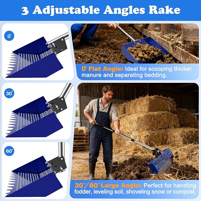 Chicken Poop Scooper, 12 Inch Large Sifting Shovel with Rake Head, 22-64" Extendable Stainless Steel Handle, 3-Angle Professional Poultry Litter Cleaner for Chicken Coop, Duck, Goat & Sand