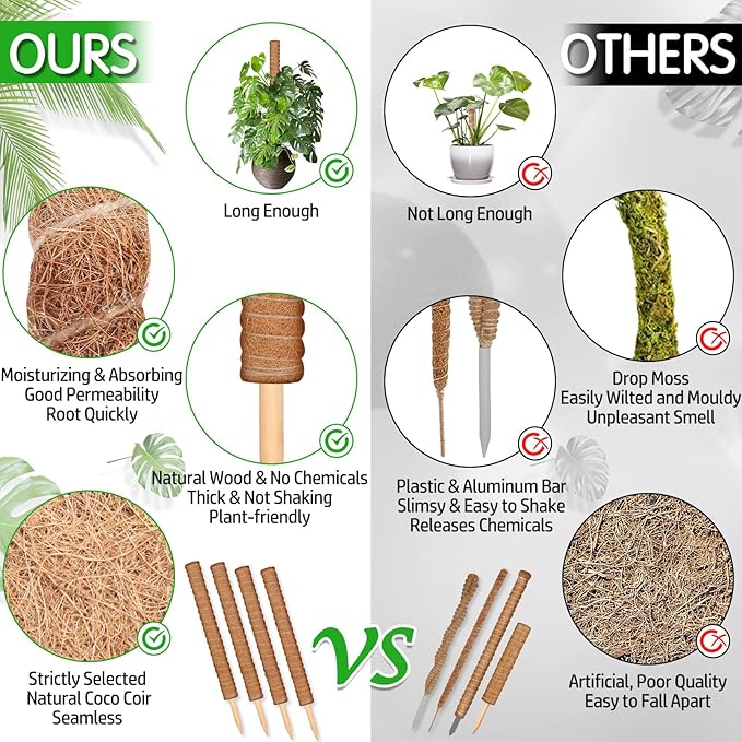 4 Pack 21.7" Coco Coir Poles, Stackable Plant Stakes Moss Pole for Plant Monstera with Twist Ties Plant Ties Labels Jute Rope, Plant Sticks Support for Climbing Plants Growth Indoor