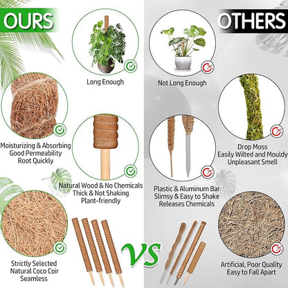 4 Pack 21.7" Coco Coir Poles, Stackable Plant Stakes Moss Pole for Plant Monstera with Twist Ties Plant Ties Labels Jute Rope, Plant Sticks Support for Climbing Plants Growth Indoor