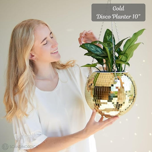 SCANDINORDICA Disco Ball Planter – Value Package: Mirror Disco Planter with Chain, Macrame Hanger and Acrylic Stand for Desk, Includes Self Watering Pot, Plant Accessories | 10 inch Gold