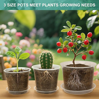 8/7/6 Inch Clear Nursery Pots with Drainage and Trays, 9 Pack Large Plastic Pots for Plant, Seedling Starter Pot, Garden Pots for Succulents Flower Vegetables Herb