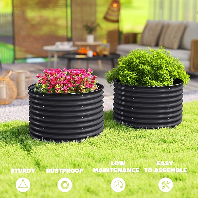 Outsunny Galvanized Raised Garden Bed Set of 2, Planters for Outdoor Plants with Safety Edging, Easy-to-Assemble Stock Tanks for Growing Flowers, Herbs and Vegetables, 3' x 3' x 2', Dark Gray