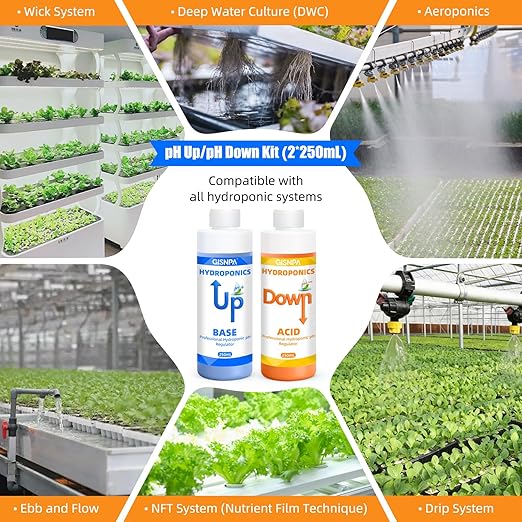 pH Down & pH Up for Hydroponics, pH Control Kit for Hydroponic Nutrients – 250ml pH Down and 250ml(8.45oz/250ml Each) pH Up with 2×50ml Beakers for Nutrient Water pH Adjustment