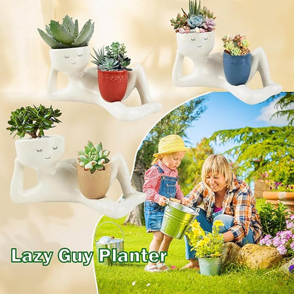 Lazy Guy Planter - Funny Smiling Face Resin Flower Pot with Double Drainage Hole, Cute Lying Down Figure Succulent & Cactus Planter, Unique Home Garden Decor Gift for Family & Friends