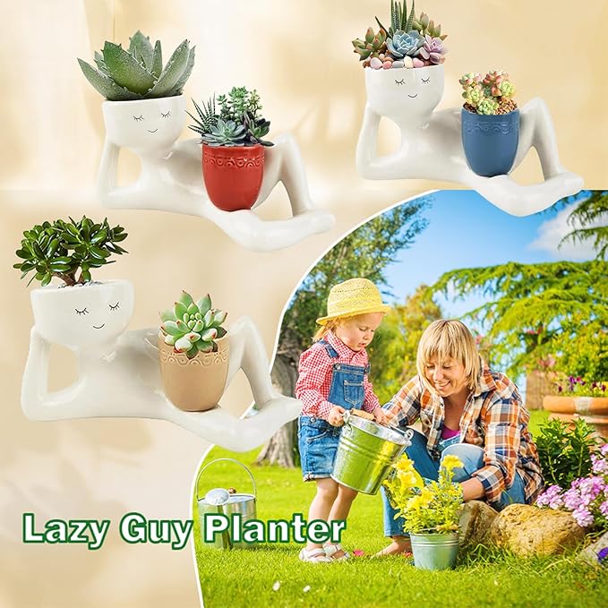 Lazy Guy Planter - Funny Smiling Face Resin Flower Pot with Double Drainage Hole, Cute Lying Down Figure Succulent & Cactus Planter, Unique Home Garden Decor Gift for Family & Friends (Red)