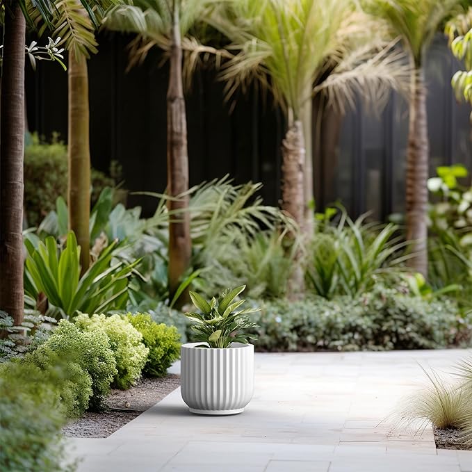 Kante Round Fulted Planter, 14 Inch Dia Large Concrete Plant Pots with Drainage Hole and Rubber Plug, Modern Decor for Indoor Outdoor Plants, Flower, White