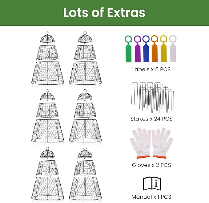 Easy-Snap Open Design Chicken Wire Cloche (6-Pack) - Adjustable Garden Plant Protectors from Birds & Animals for Large Plants & Flowers, 14" Dx20 H (M)