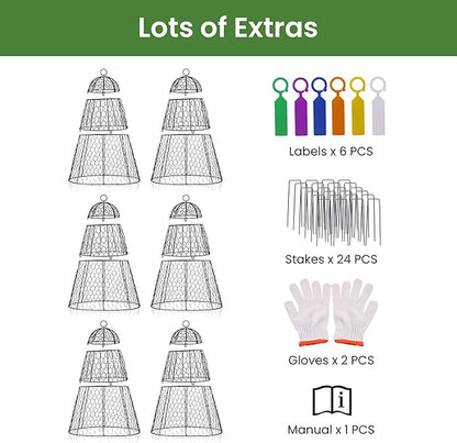 Easy-Snap Open Design Chicken Wire Cloche (6-Pack) - Adjustable Garden Plant Protectors from Birds & Animals for Large Plants & Flowers, 14" Dx20 H (M)