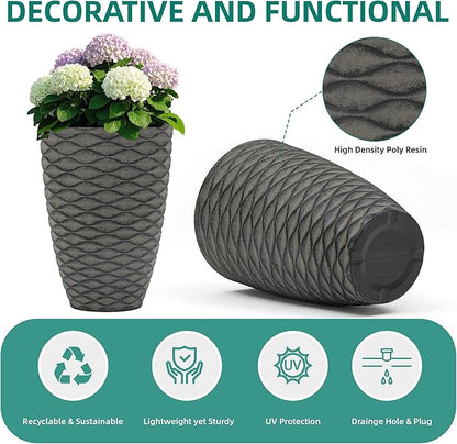 20" Tall Planters Set of 2, High-Density Resin Wavy Outdoor Pots for Plants, Versatile Indoor/Outdoor Flower Pots w/Drainage Holes for Patio, Garden, Porch & Living Room Decor, Ideal Gift