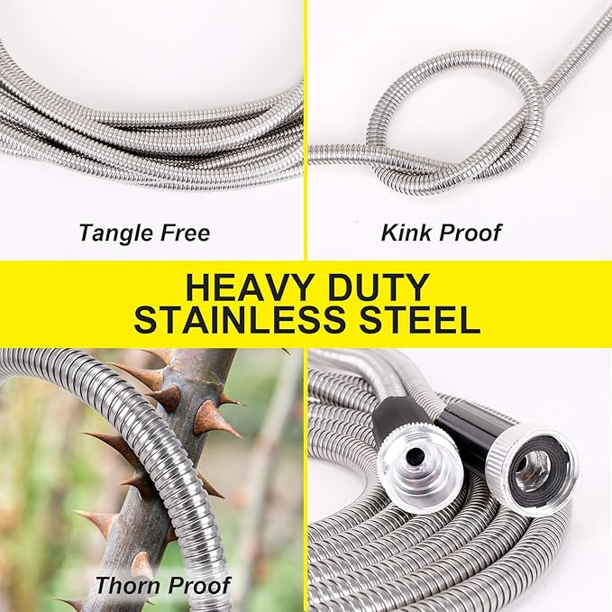 FOXEASE Metal Garden Hose 10 ft - Stainless Steel Water Hose with Adjustable Nozzle, Lightweight, Tangle Free & Kink Free, Heavy Duty, High Pressure, Flexible, Dog Proof