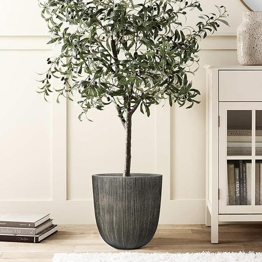 Vintage Black Cement-Look Ribbed Planter, 12.4"H Tall Tapered Egg-Shaped Plastic Plant Pot with Drainage Hole & Plug, Large Modern Indoor Outdoor Flower Pot for Home, Garden, Patio and Houseplants