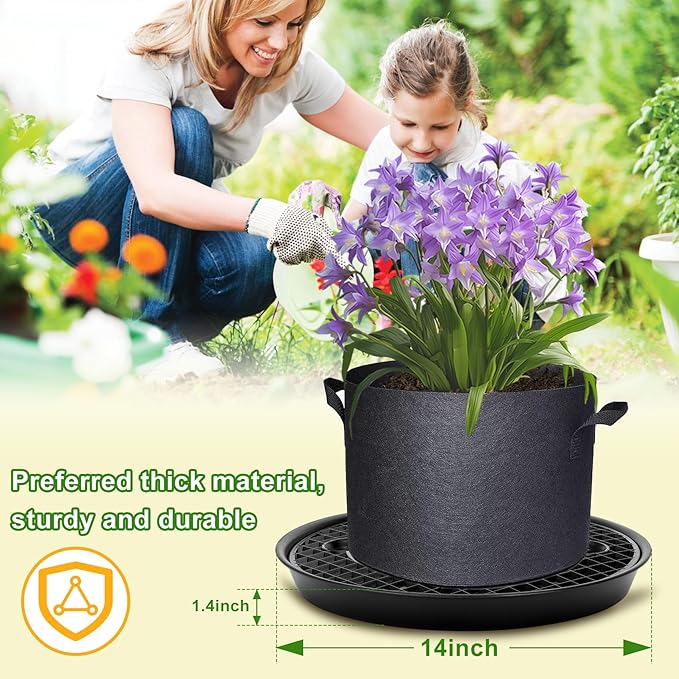 4 Pack Plant Saucer 14 inch, Self Watering Fabric Pot Base, Auto Pots Fit for 5 Gallon Grow Bags, Plant Saucers Flower Pot Tray , Auto Watering Plant Saucer for Fabric Planters 3 Year Warranty