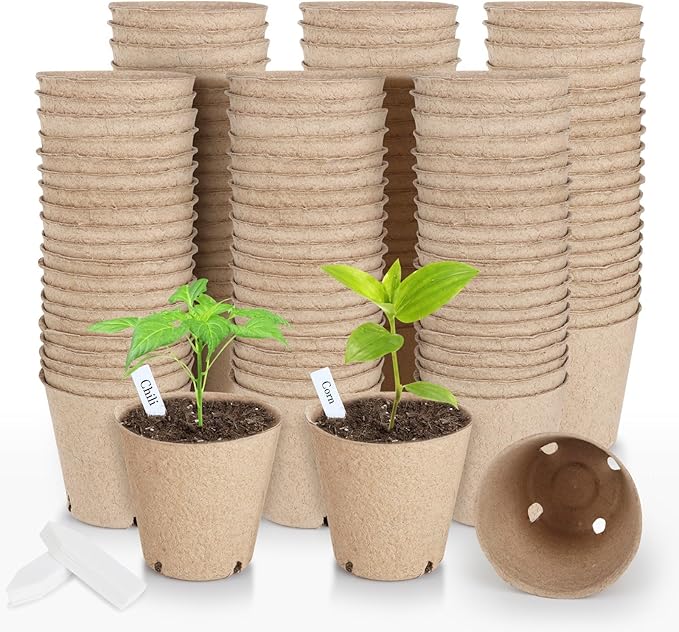 131 Pcs Organic Peat Pots, 3.15 Inch Nursery Pot, Round Plant Seedling Pots with Drainage Holes, Small Seed Starting Starter Tray Bulk, Garden Germination Container with 131 Planting Labels