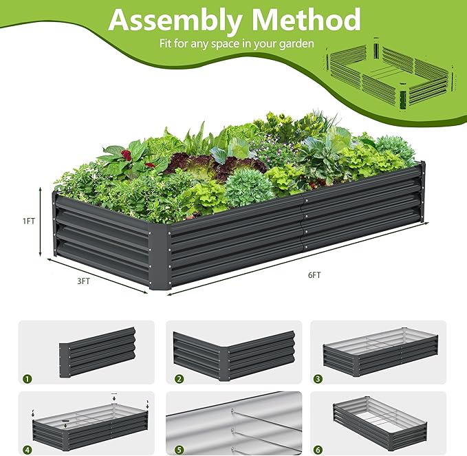 2PCS 6x3x1FT Galvanized Raised Garden Bed Kit, Galvanized Planter Raised Garden Boxes Outdoor, Large Metal Raised Garden Beds for Vegetables-Grey