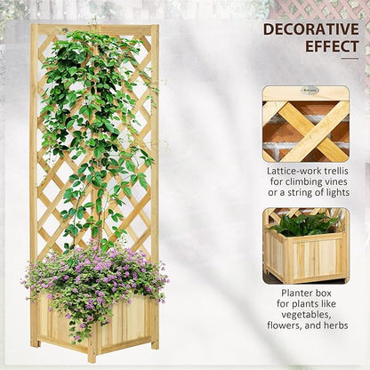 Outsunny Wooden Raised Garden Bed with Trellis, 57" Freestanding Corner Planter Box for Vine Plants Flowers Climbing and Planting Natural