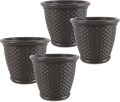 Suncast 4 Pack Sonora 18 Inch Lightweight Durable Plastic Wicker Decorative Flower Planter Pot for Yard, Garden, Indoor or Outdoor Use, Brown