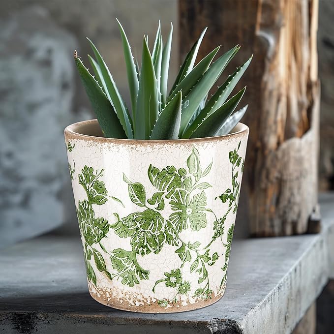 Farmhouse Ceramic Planter 5.1 Inch Large Plants Pot Crack Beige Green Floral Vine Plant Pots with Drainage Hole Indoor Plants Kitchen Rustic Antique Decor Gift