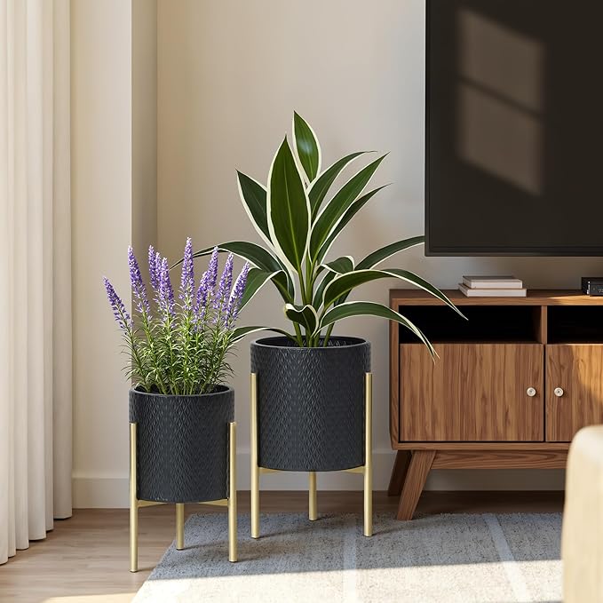 LuxenHome 2-Piece Diamond Pattern Round Metal Cachepot Planter Set, Black Planter with Gold Stands Set of 2 Indoor Plant Pots Large Floor Plant Pot for Plants, NOT Waterproof