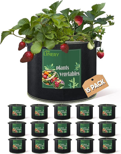 LINERY 15-Pack 15 Gallon Planting Grow Bag Black Heavy Duty Thickened Grow Bags Upgrade Hemming Process Grow Bag with Handles Non-Woven Fabric Plant Pots【15-15G】