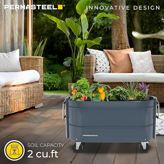 Permasteel Self-Watering Garden Bed, Rolling Planter for Vegetables, Flowers, Herbs, and Fruit, Outdoor Indoor, Caster Wheels, Blue
