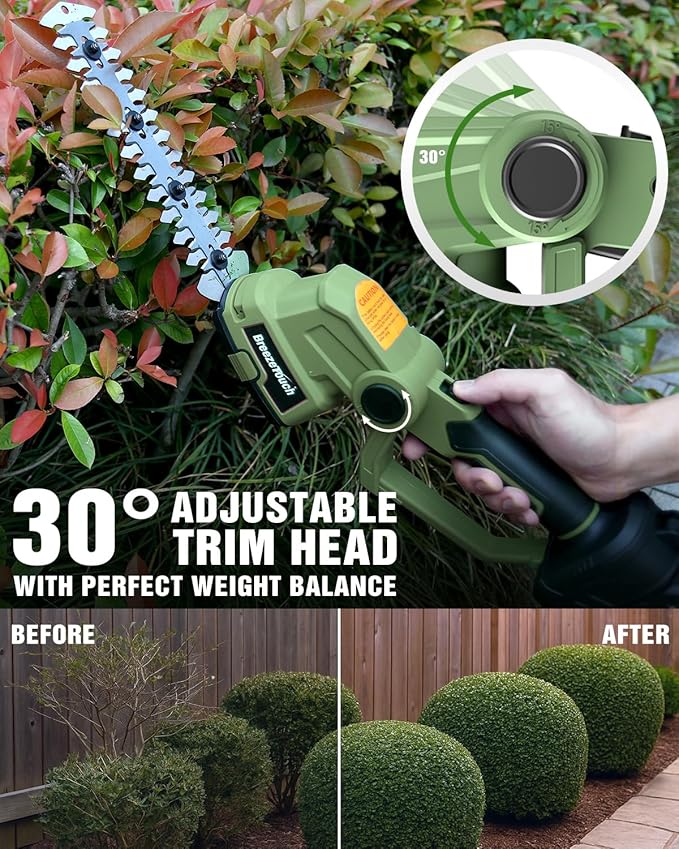 Breeze Touch 21v Cordless Hedge Trimmer, Electric Bush Shear & 2 Blades Grass Tool with 1.5ah Battery and Fast Charger, Light Weight Handheld Solution for Lawn and Garden Care