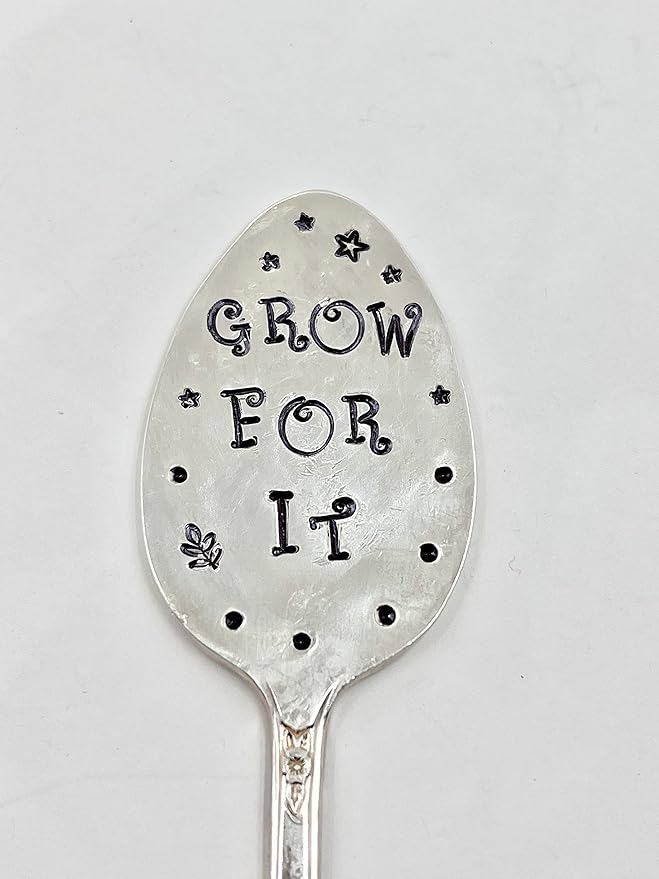 Garden Marker, Plant Stake GROW FOR IT, silver plate recycled stamped Spoon, Stick in your Flower pots Herbs or Plants