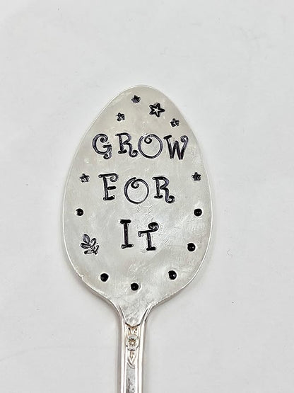 Garden Marker, Plant Stake GROW FOR IT, silver plate recycled stamped Spoon, Stick in your Flower pots Herbs or Plants