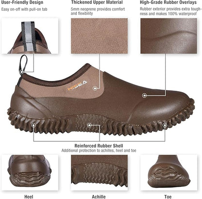 HISEA Unisex Waterproof Garden Shoes, Men's Rubber Rain Boots Women's Ankle Rain Shoes Neoprene Camp Booties Outdoor Slip-On Footwear for Gardening, Farming, Camping, Car Wash, Lawn Care and Yard Work