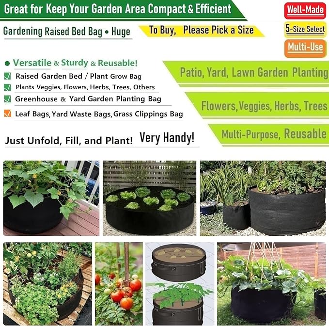 200 Gallon Big Raised Garden Bed Bag (50x24 inch) Large Plant Grow Bag for Tomato,Potato Planter,Herbs Veggies Planter,Flower Bed,Plant Container,Yard Waste,Lawn Debris,Leaf Bag with Gardening Gloves