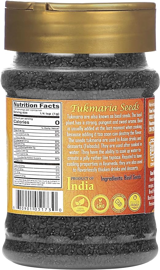Rani Tukmaria (Natural Holy Basil Seeds) 4.94oz (140g) PET Jar Used for Falooda / Sabja Dessert, Spice & Ayurveda Herbal ~ Gluten Friendly | NON-GMO | Kosher | Vegan | Indian Origin