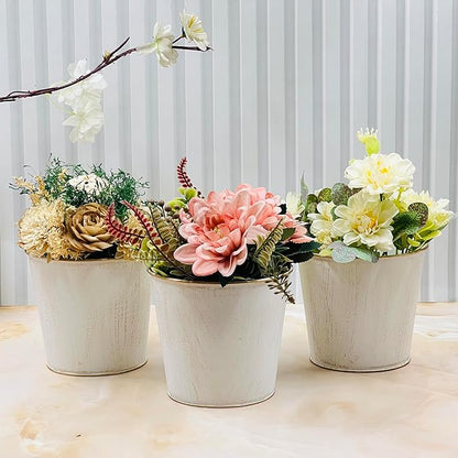 Hosley Set of 3 White Wash Finish Bucket/Pots with PVC Liner, 5" Dia x 4.75" H Ideal Gift for Floral Arrangements Wedding Home Office Party DIY Indoor Outdoor Garden Patio