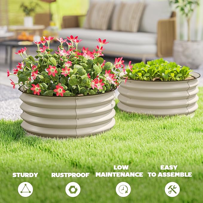 Outsunny Galvanized Raised Garden Bed Set of 2, Planters for Outdoor Plants with Safety Edging, Easy-to-Assemble Stock Tanks for Growing Flowers, Herbs and Vegetables, 2' x 2' x 1', Cream White
