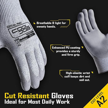 COOLJOB 12/120 Pairs Cut Resistant Safety Work Gloves with Grip, 13 Gauge Seamless Shell with PU Coating, ANSI A2 A4 A6, Gray