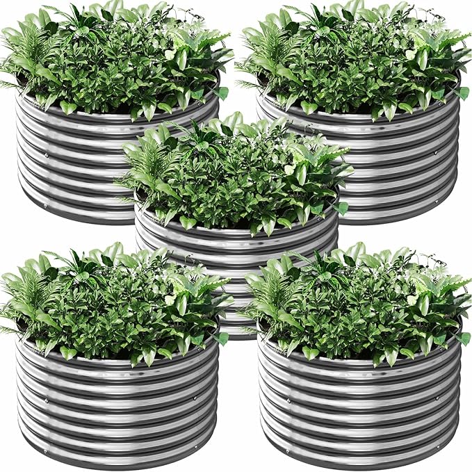 5 Pack 3x3FT Round Corrugated Galvanized Steel Raised Garden Bed Outdoor, Metal Above Ground Garden Bed for Vegetables and Flowers, Raised Beds for Gardening-3x3FTx10Inch