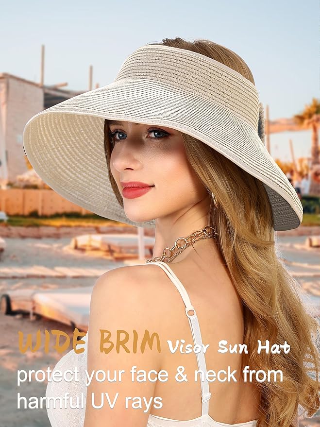 Womens Beach Straw Sun Hats Ponytail Hole Wide Brim Summer Visor Foldable Hat Sun Protection Packable for Travel Pool