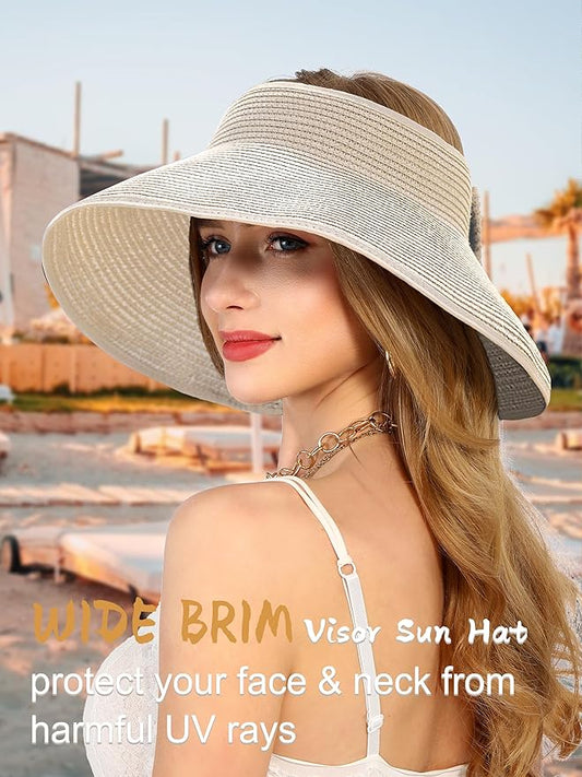 Womens Beach Straw Sun Hats Ponytail Hole Wide Brim Summer Visor Foldable Hat Sun Protection Packable for Travel Pool