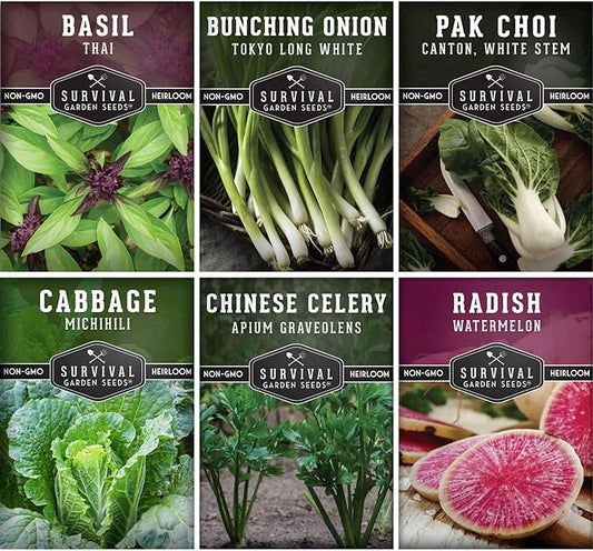 Survival Garden Seeds - Asian Vegetable Collection Seed Vault for Planting - Thai Basil, Napa Cabbage, Canton Pak Choi, Chinese Celery, Green Onions, Watermelon Radish - Non-GMO Heirloom Varieties