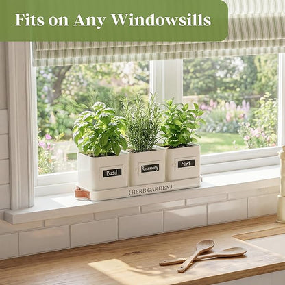 PERFNIQUE Indoor Herb Garden, Herb Planter Set with Tray, Farmhouse Indoor Plant Pots, Windowsill Herb Garden with Drainage(Planter only) for Indoor/Outdoor, Window Pots(White)