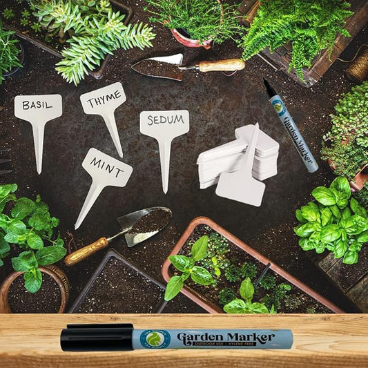100 Pack T-Type Plant Labels for Seedlings with 2 Pack of Garden Marker Pens (Garden Markers Fade Resistant Plant Markers Outdoor Waterproof Pen Black Permanent Markers Plant Tags)