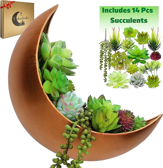 Wall Planter - Window Planter - 14Pcs Artificial Succulents - Hanging Moon Planter - Boho Hanging Planters for Indoor Plants, Air Plant, Cactus, Faux, Unique Gifts for Women, Birthdays, Plant Lovers