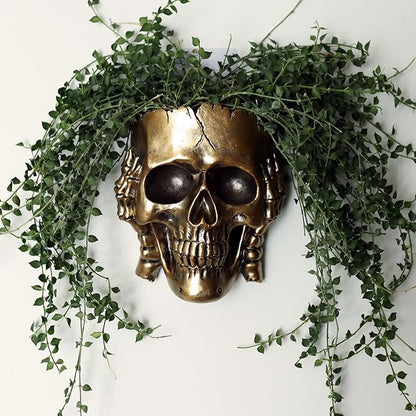 Skull Fence Planter for Outdoor Plants, Spooky Skull Wall Planters for Indoor Outdoor Décor, Unique Modern Gothic Hanging Face Plant Pot Gold Head Vase with Drainage